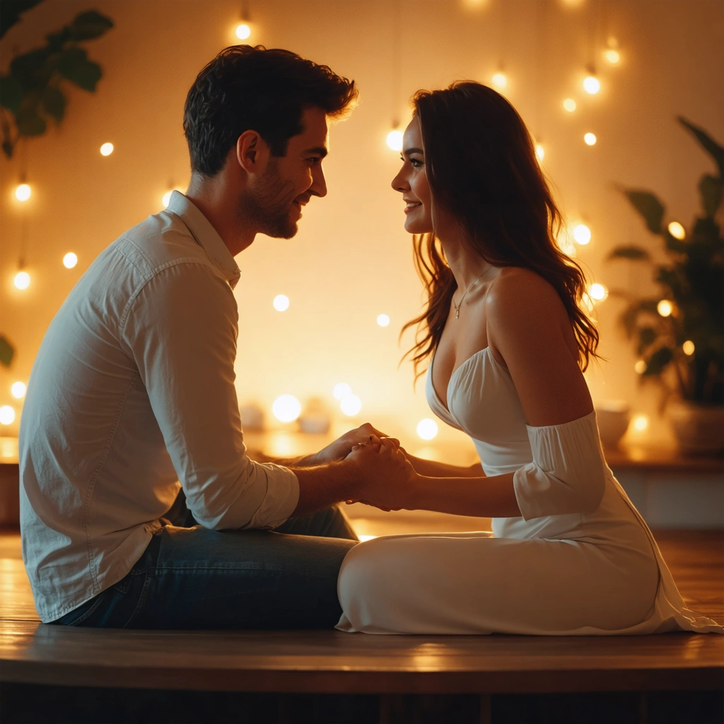 Un couple assis ensemble, se tenant la main et discutant de leur avenir dans une ambiance chaleureuse et intime.