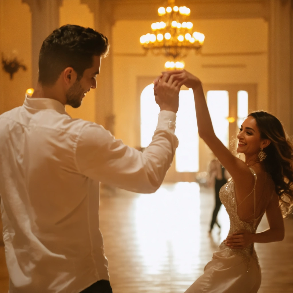 Un couple danse doucement dans une salle élégante, profitant d’un moment complice sans effort excessif.
