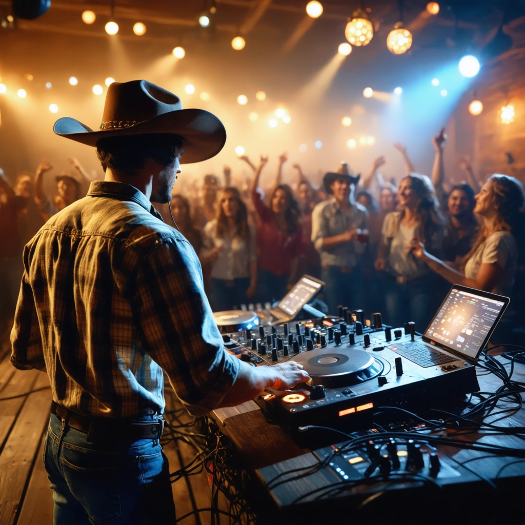 Un DJ portant un chapeau de cowboy mixe de la musique country sur scène, tandis qu'une foule en tenue country danse sous des lumières chaleureuses.