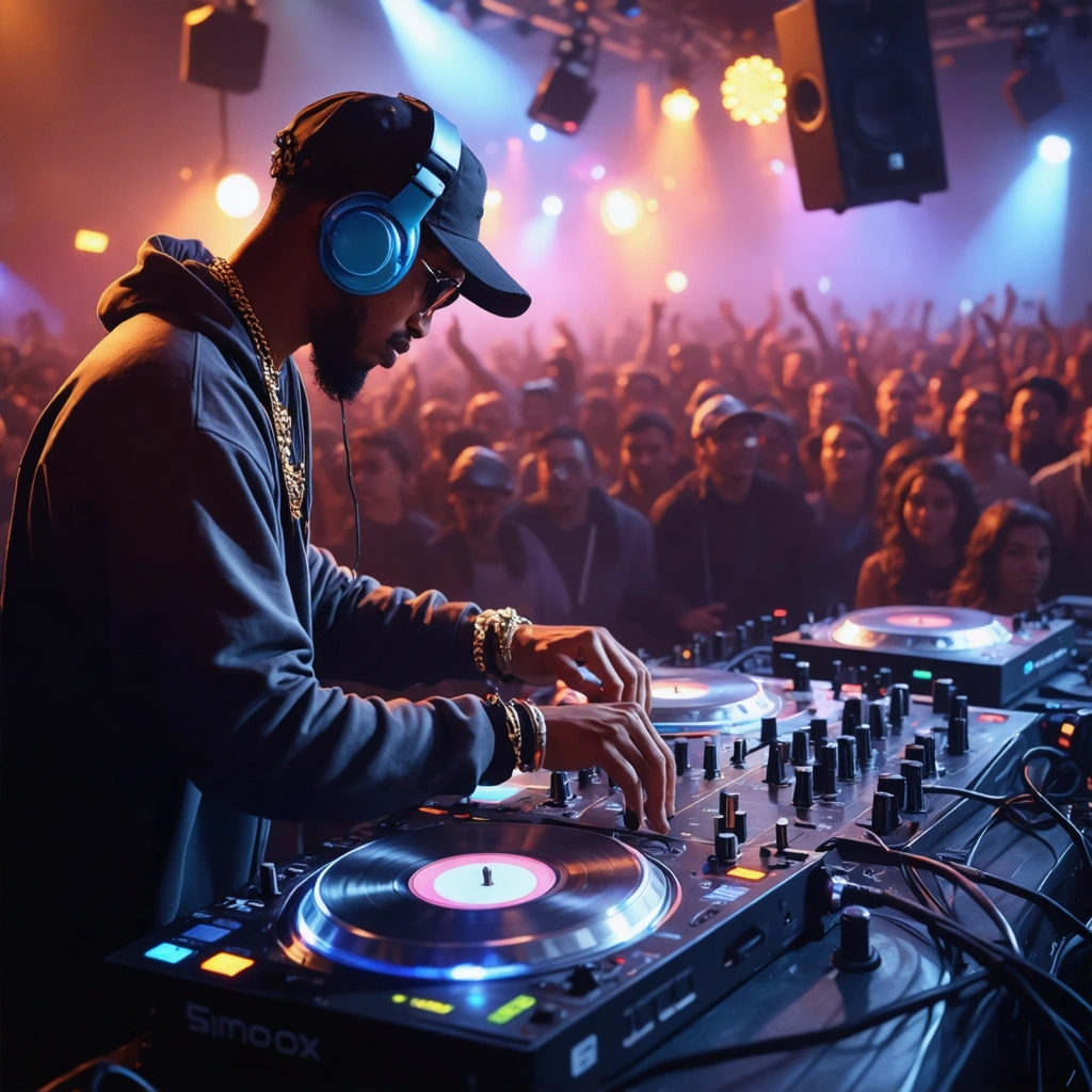 Un DJ hip-hop mixant sur ses platines lors d'une soirée, avec un public enthousiaste profitant de l'ambiance musicale.