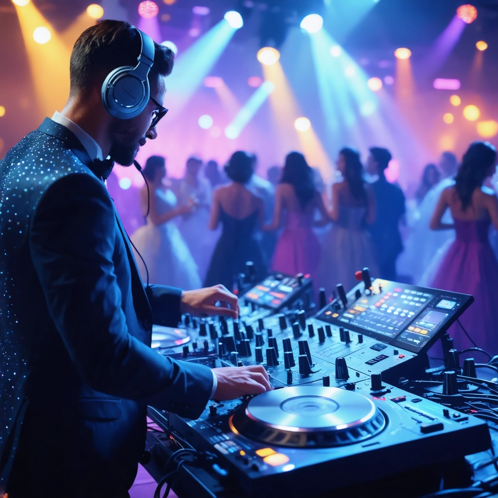 Un DJ anime un mariage avec de la musique électronique, des invités dansent sous des lumières colorées.