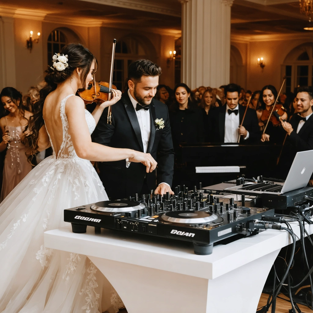 Un DJ et un orchestre jouant ensemble lors d'un mariage, créant une ambiance élégante et festive avec des invités dansant et profitant de la musique.