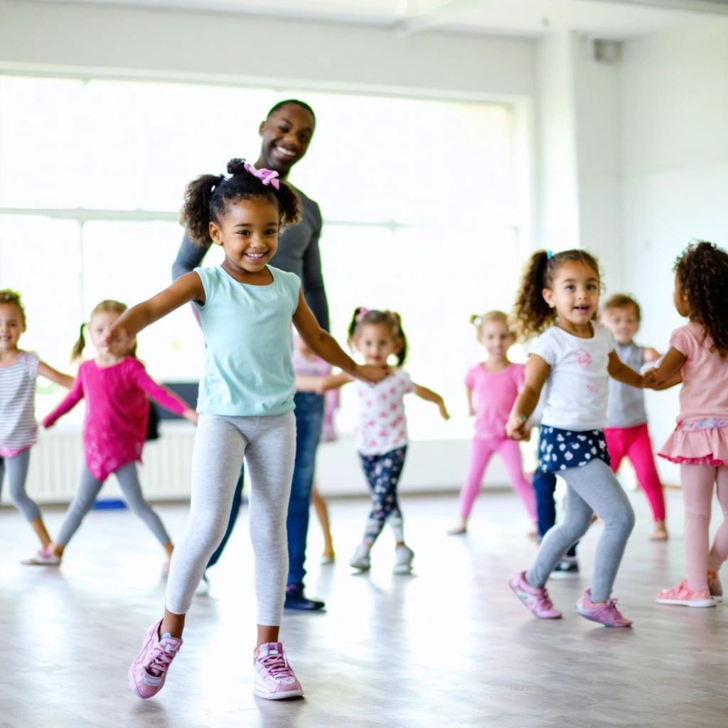 Des enfants s'amusent en répétant une danse dans une salle spacieuse avec un instructeur bienveillant.