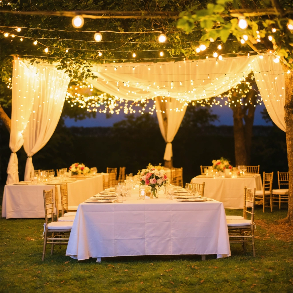 Guirlandes lumineuses suspendues dans un jardin, créant une ambiance romantique et féérique autour de tables décorées.