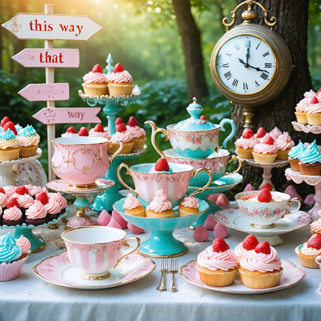 Un mariage féérique inspiré d'Alice au pays des merveilles avec une table de tea party ornée de tasses géantes, de gâteaux extravagants et de cocktails colorés. Des pancartes indiquant différentes directions et une horloge vintage contribuent à l'ambiance onirique.