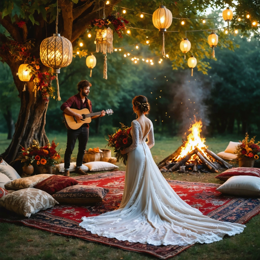 Scène de mariage bohème en plein air au crépuscule avec tapis persans au sol, guirlandes lumineuses dans les arbres et un grand feu de bois entouré de coussins et plaids.