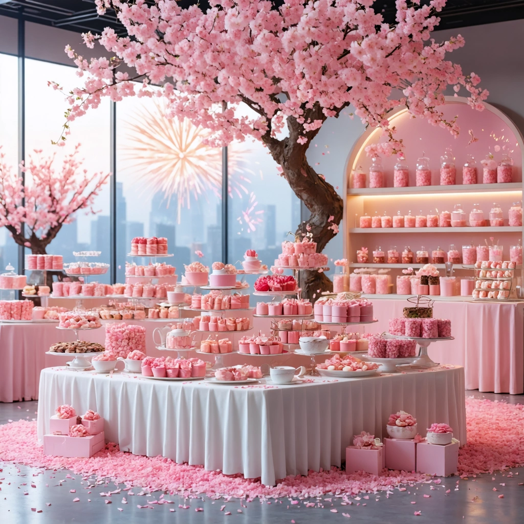 Mariage romantique inspiré des cerisiers en fleurs avec des pétales roses sur les tables, des éventails pour les invités et un candy bar rose, dans une atmosphère douce et poétique.
