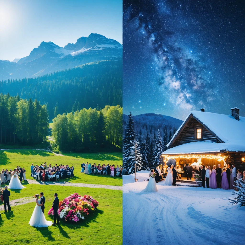 Illustration d'un mariage en été avec un paysage verdoyant et un mariage en hiver entouré de neige scintillante.