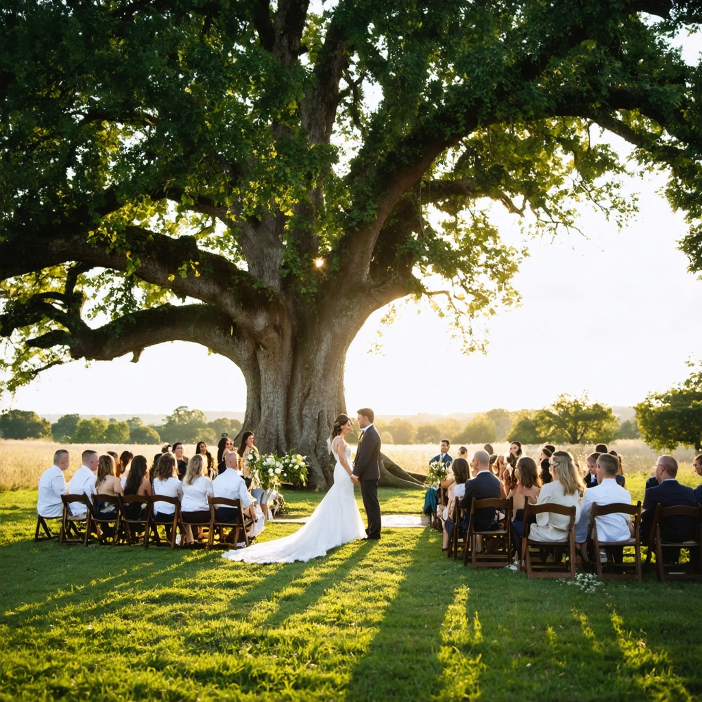 Cérémonie de mariage en plein air sous un grand chêne, avec des invités assis sur des chaises en bois dans une prairie.