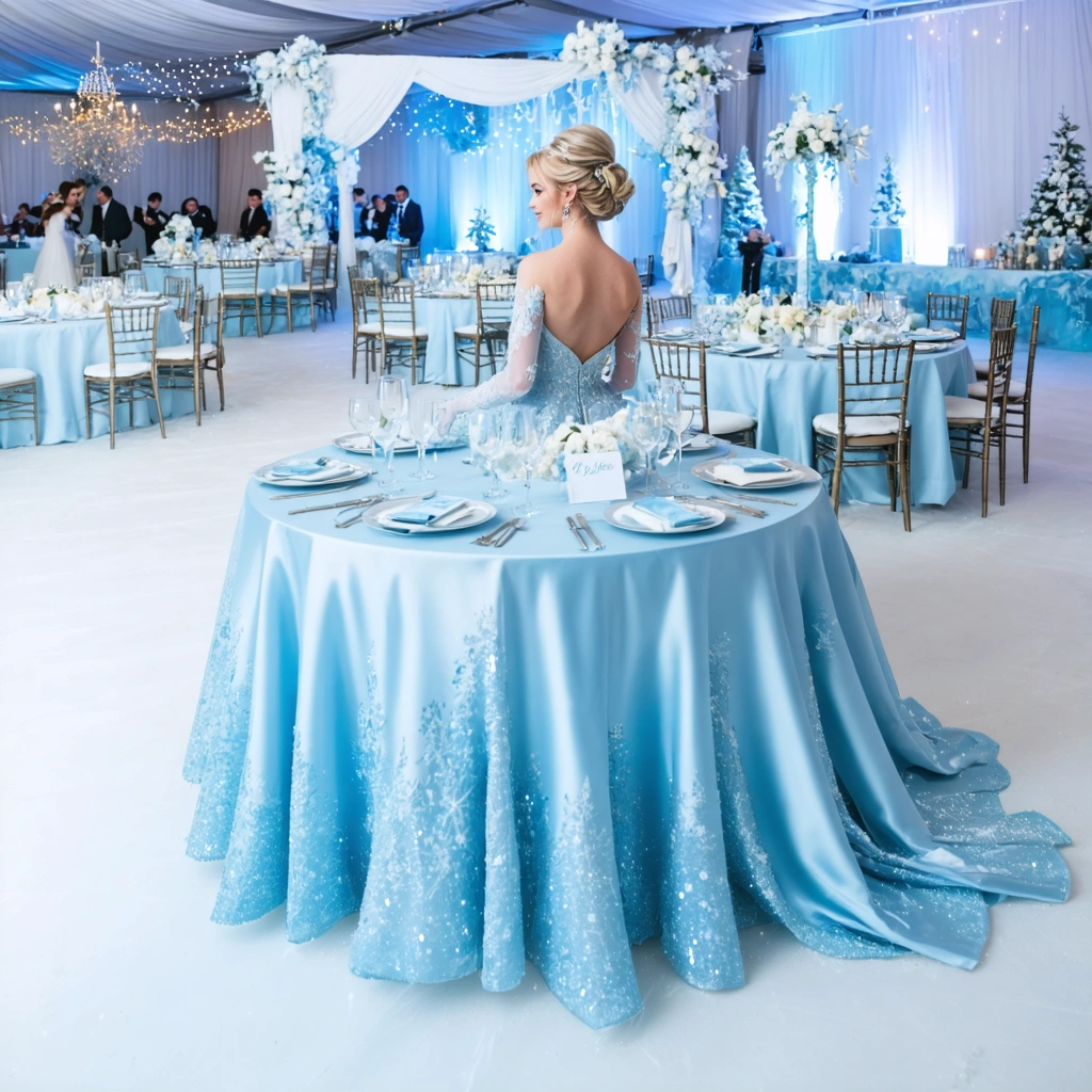 Un mariage féerique d'hiver avec une patinoire scintillante, une mariée en robe bleu glacé et un marié en costume bleu nuit, entourés de décorations argentées et d'un bar à chocolat chaud.