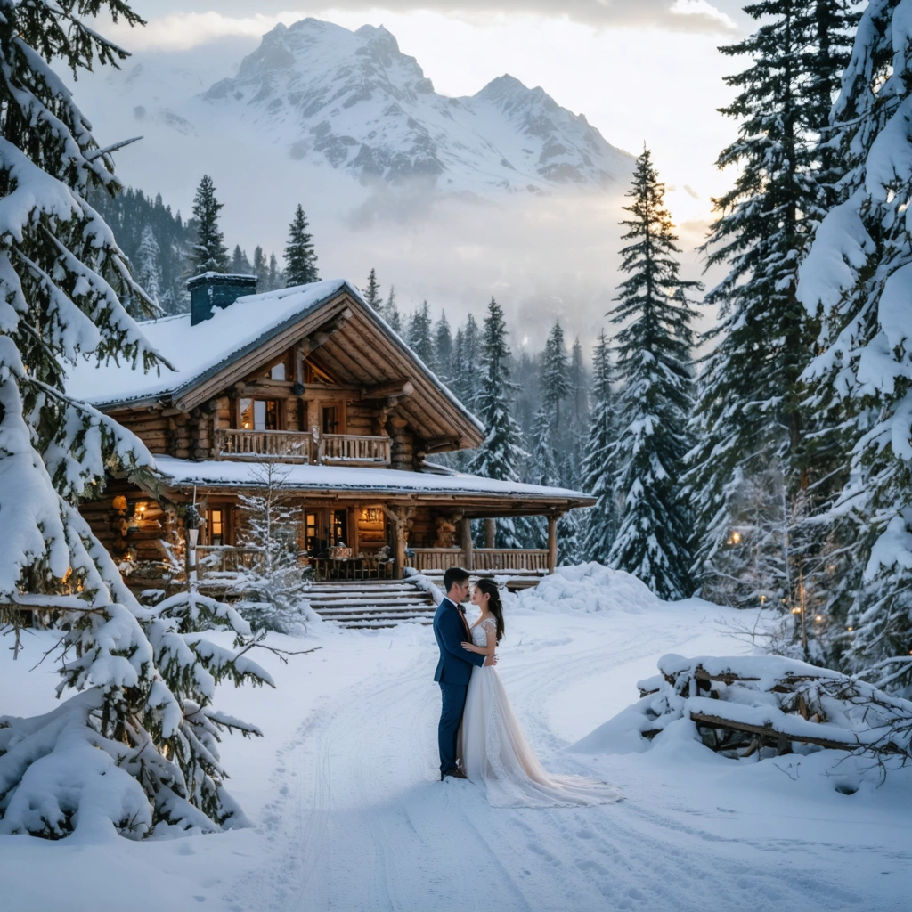 Un couple de mariés pose dans un paysage enneigé, près d'un chalet en bois entouré de sapins recouverts de neige, sous une lumière douce de fin d'après-midi.