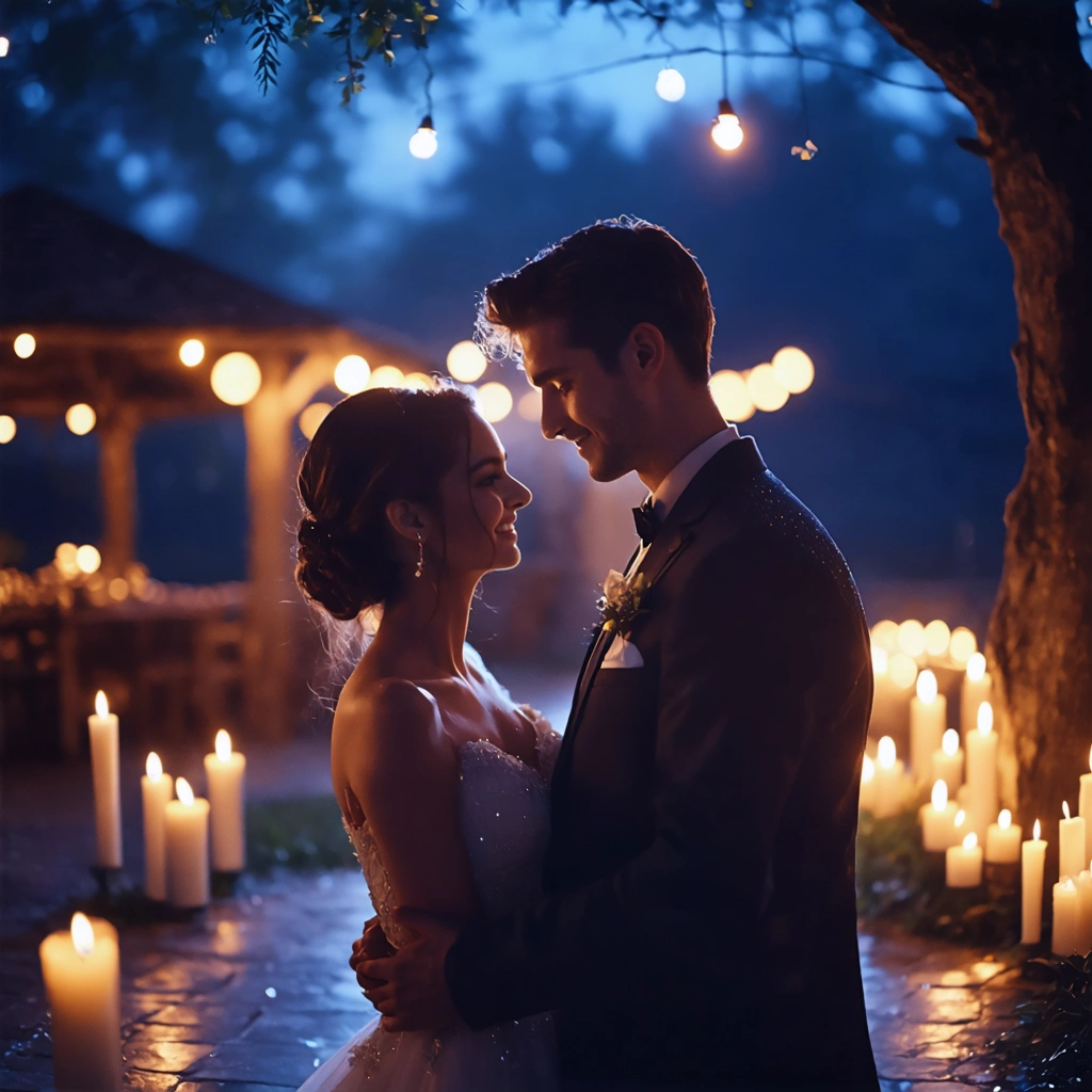 Un couple danse sous les étoiles lors d'un mariage de nuit, entouré de guirlandes lumineuses et de bougies, créant une ambiance féerique.