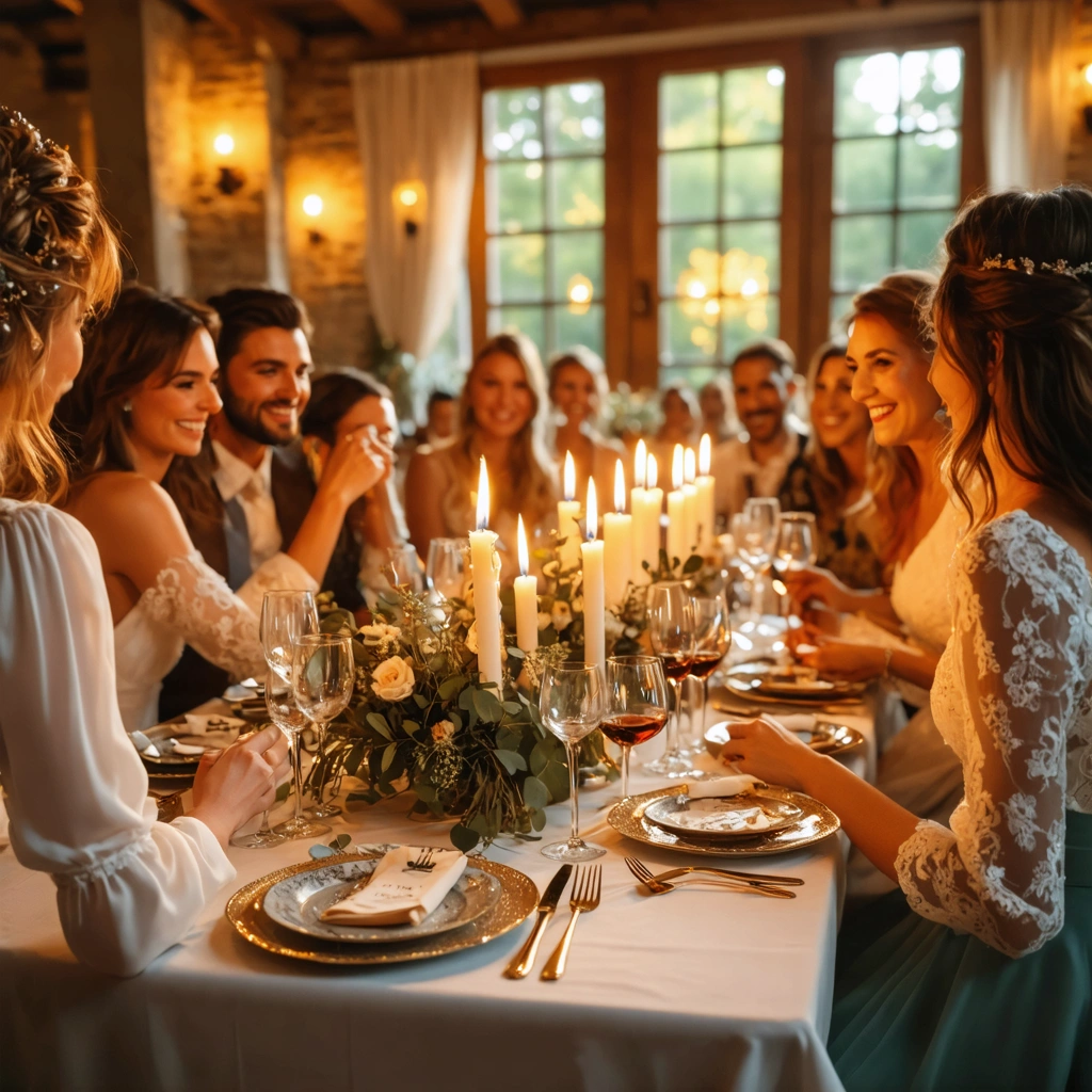 Réception de mariage en petit comité avec des invités réunis autour d'une table décorée chaleureusement.