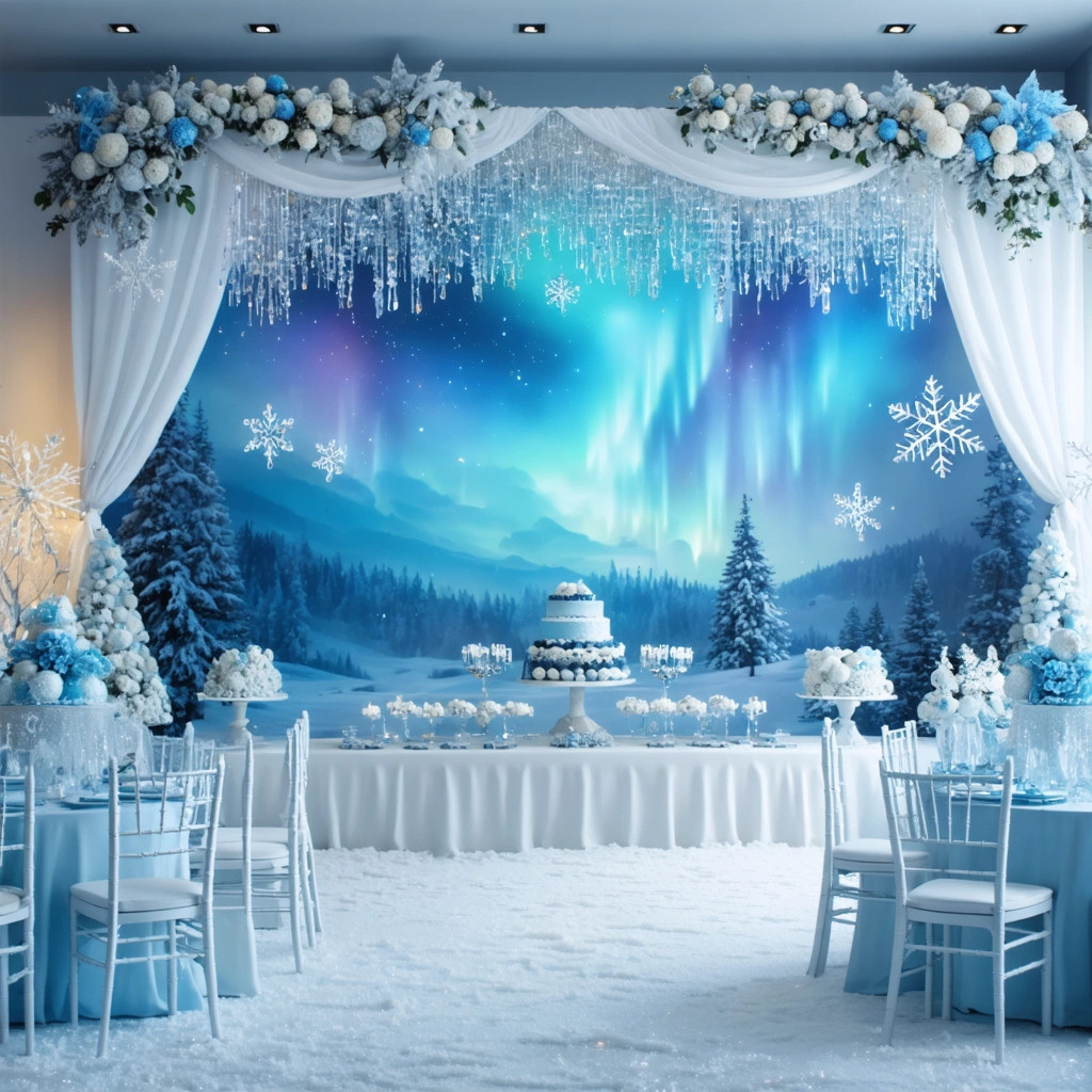 Décoration de mariage inspirée de La Reine des Neiges avec des tons bleu glacier, blanc et argent, un fond blanc illuminé d'effets d'aurore boréale et des cristaux suspendus avec des flocons de neige artificiels.