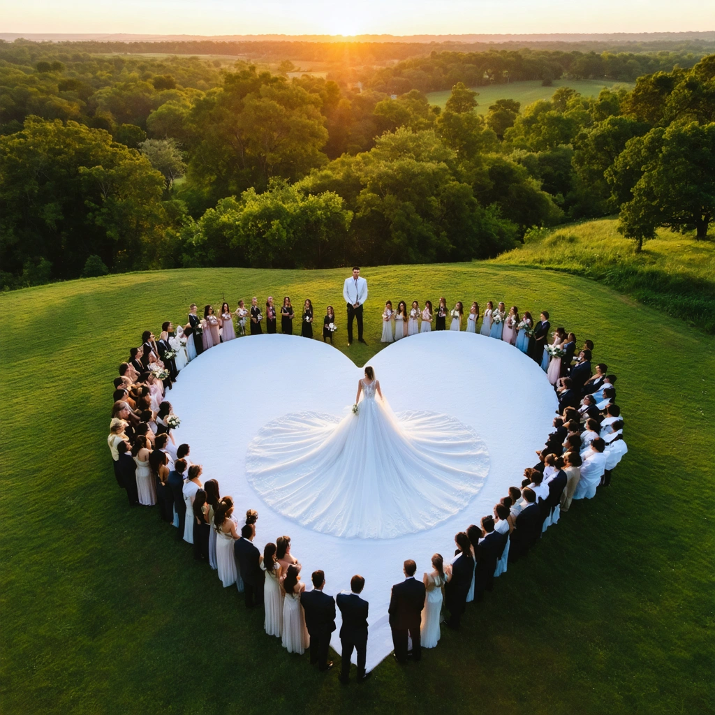 Vue aérienne d'un mariage au coucher du soleil, avec les mariés au centre d'un cœur formé par leurs invités.