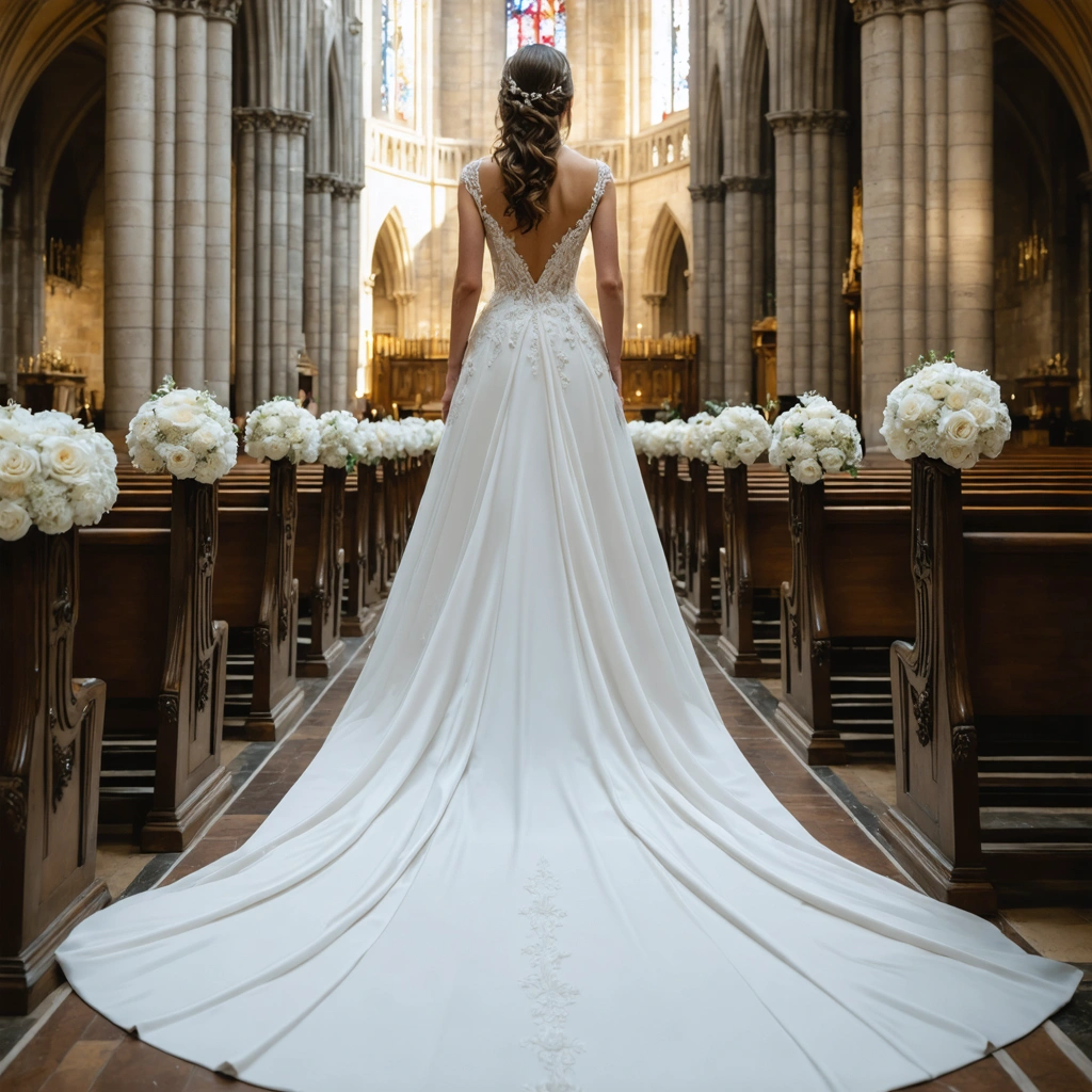 Une mariée avançant majestueusement dans une cathédrale, portant une robe avec une longue traîne élégante qui glisse derrière elle.