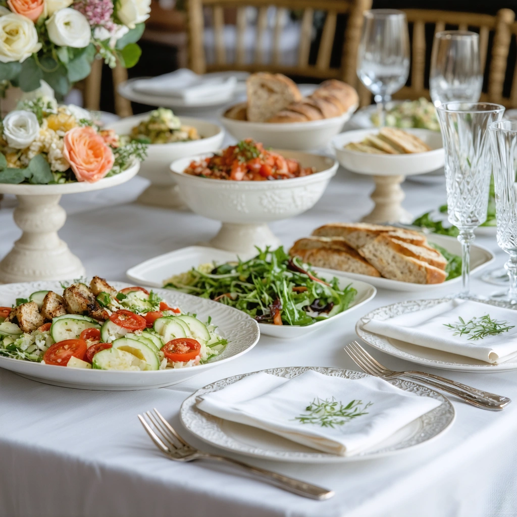 Un repas de mariage sans gluten présenté sur une table élégante avec des plats raffinés comme des salades fraîches, des légumes grillés et du pain sans gluten, dans une ambiance romantique.