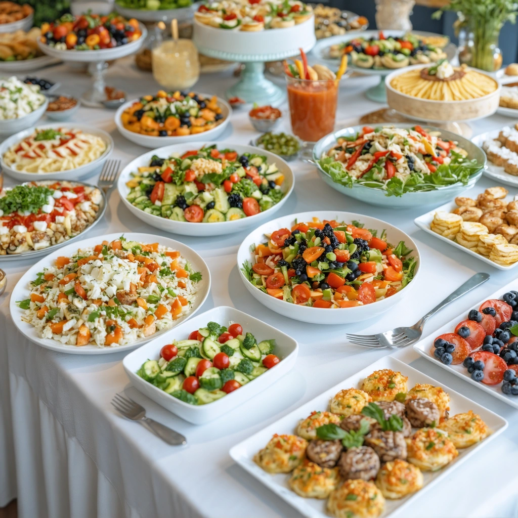 Table de traiteur avec une variété de plats adaptés aux régimes végétariens, véganes et sans gluten.