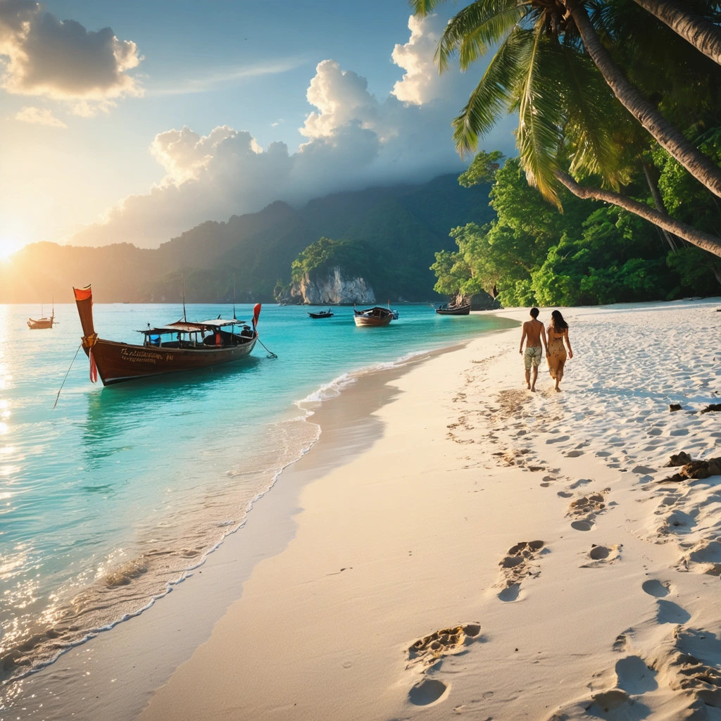 Une plage idyllique à Phuket avec du sable blanc, une mer turquoise et un couple marchant main dans la main au coucher du soleil. Des bateaux traditionnels flottent près du rivage, entourés de palmiers verdoyants.
