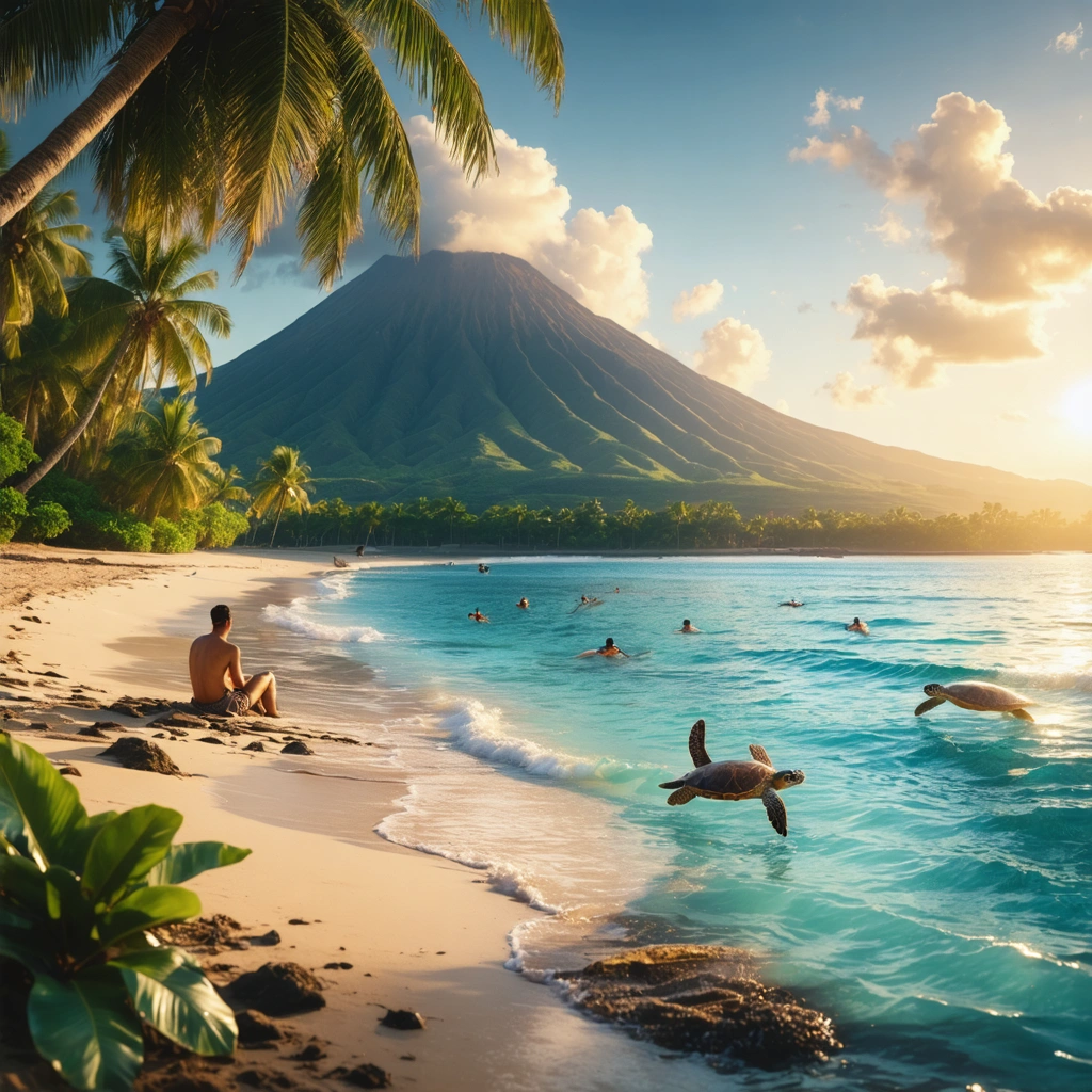 Une plage paradisiaque à Hawaï avec du sable doré, des eaux turquoise et des palmiers. Un couple se détend sur le rivage, tandis que des nageurs observent des tortues marines dans l'eau. En arrière-plan, un volcan se dresse sous une lumière de lever de soleil.