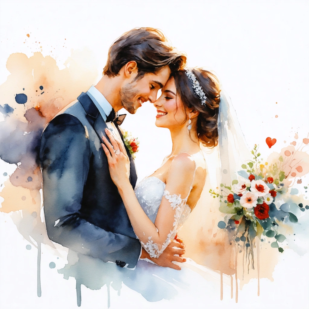 Illustration artistique d'un couple de marié·es dans un style aquarelle ou numérique, capturant leur amour et leur bonheur dans une ambiance chaleureuse et intemporelle.