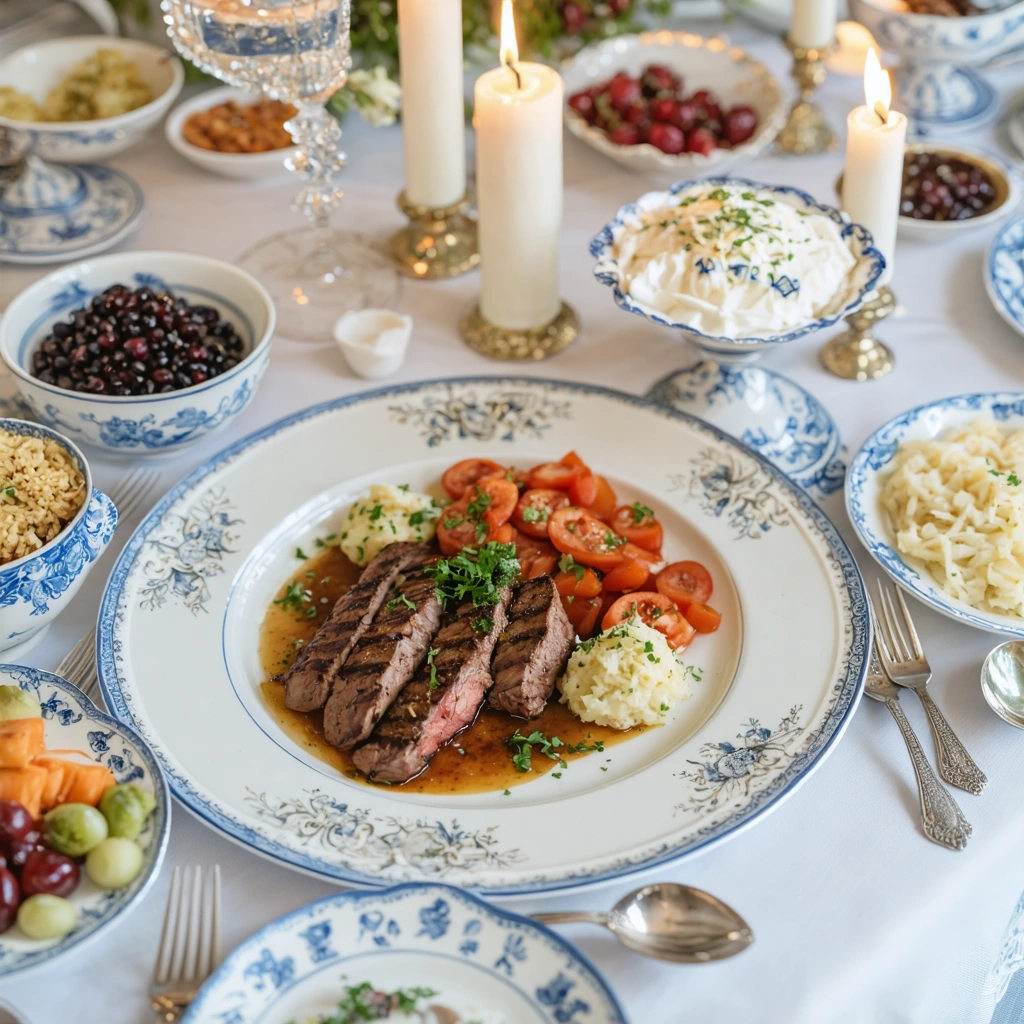 Un repas de mariage casher élégamment dressé, avec des plats raffinés respectant les règles alimentaires juives.