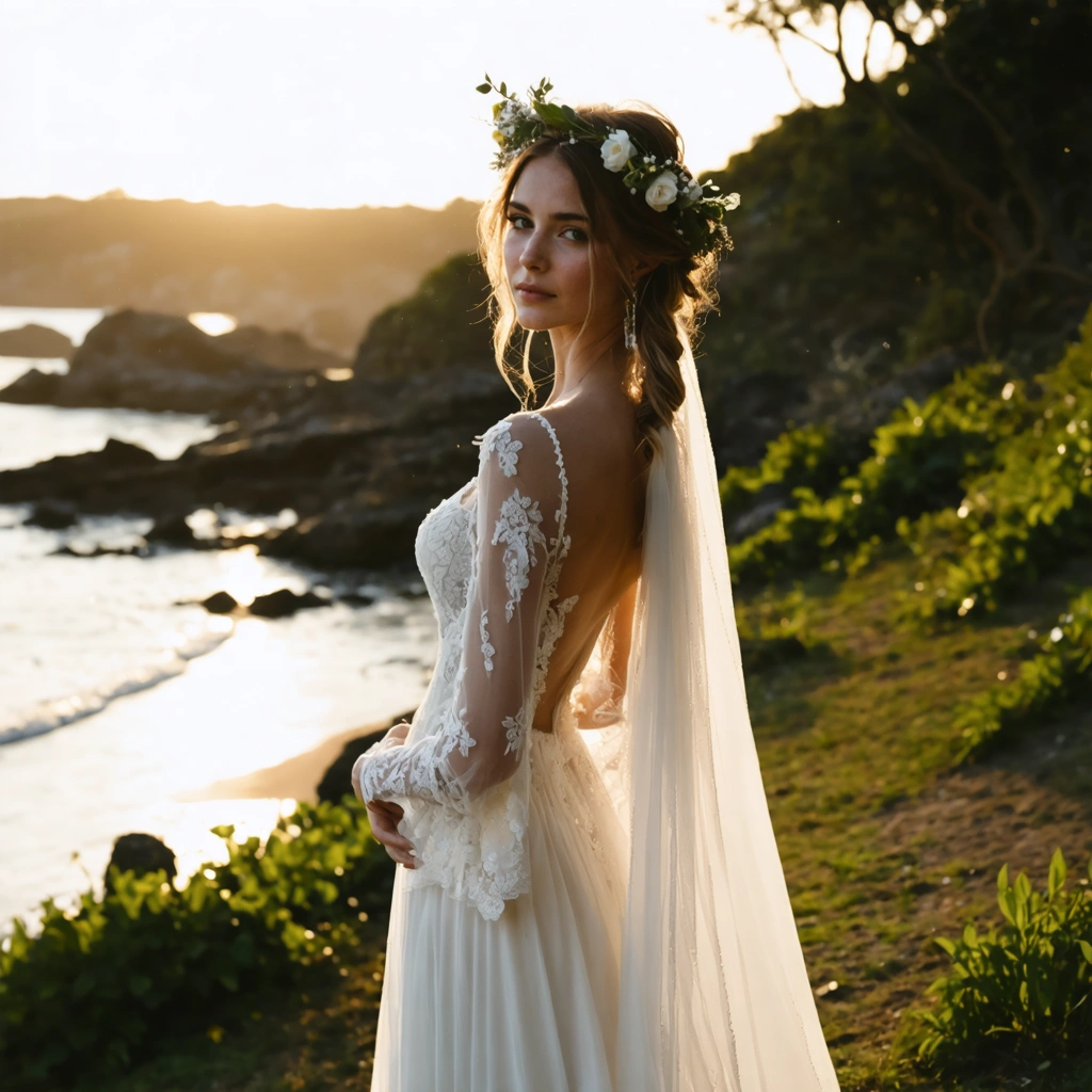 Mariée en robe bohème en dentelle, debout dans un décor naturel, avec une couronne de fleurs et une brise légère soulevant sa robe.