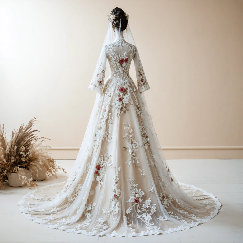 Robe de mariée brodée avec des motifs élégants, exposée dans un cadre raffiné et lumineux.