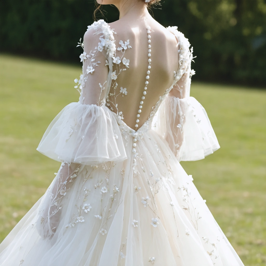 Robe de mariée fluide avec fleurs brodées et manches en tulle, dans un décor naturel.