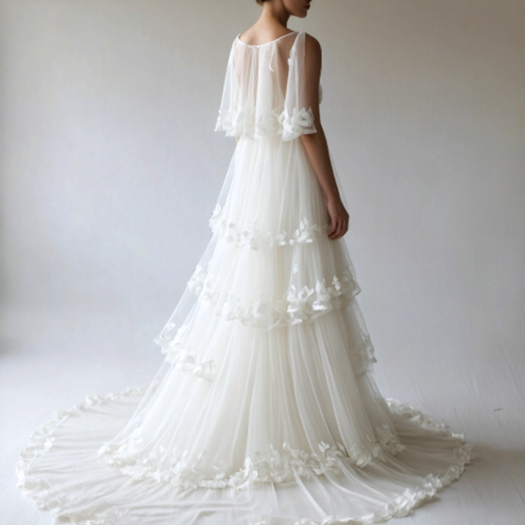 Robe de mariée en organza volumineuse et légère, avec un effet aérien et une légère transparence, reflétant subtilement la lumière.