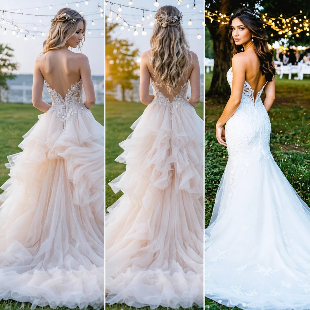 Trois styles de robes de mariée en tulle : une robe princesse volumineuse, une robe bohème fluide en extérieur et une robe sirène élégante avec une traîne brodée.