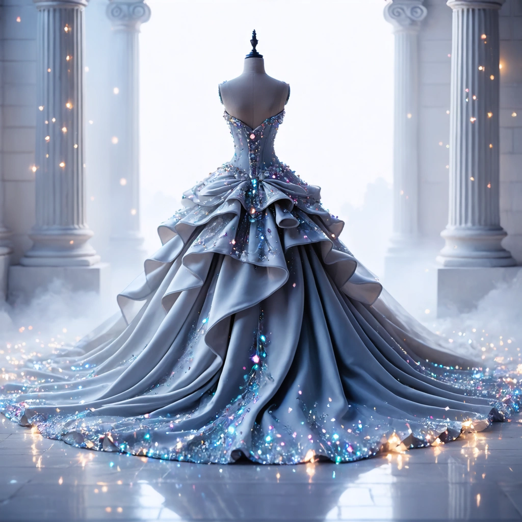 Une somptueuse robe de princesse ornée de strass et de paillettes, avec un jupon volumineux et une taille marquée, scintillant sous une lumière féérique.