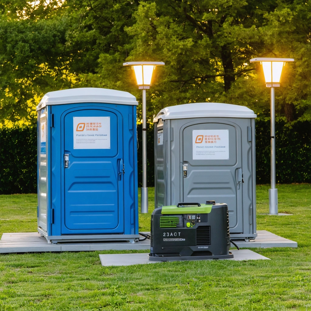 Sanitaires mobiles propres et un groupe électrogène installés en extérieur avec un éclairage solaire.