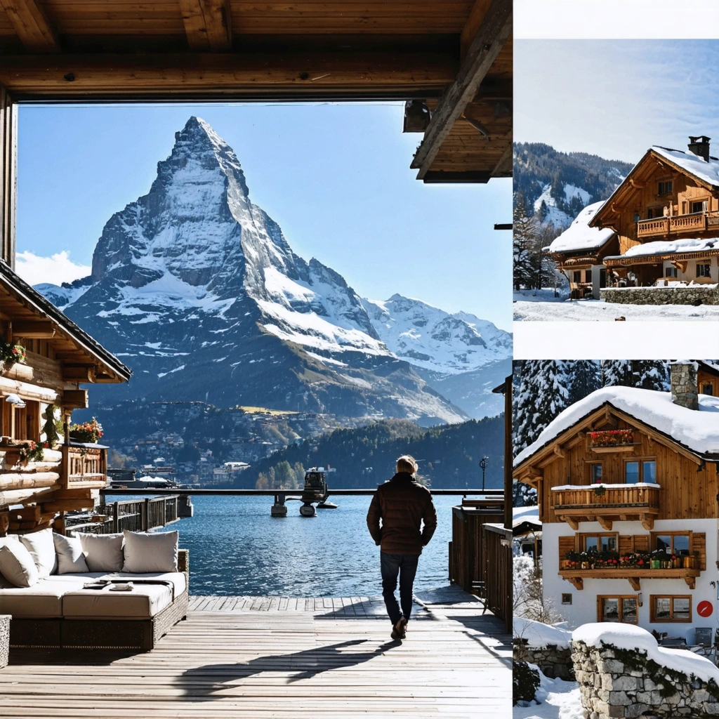 Montage de lieux romantiques en Suisse avec une vue sur le Cervin à Zermatt, un couple au bord d'un lac à Interlaken et un chalet cosy à Gstaad.