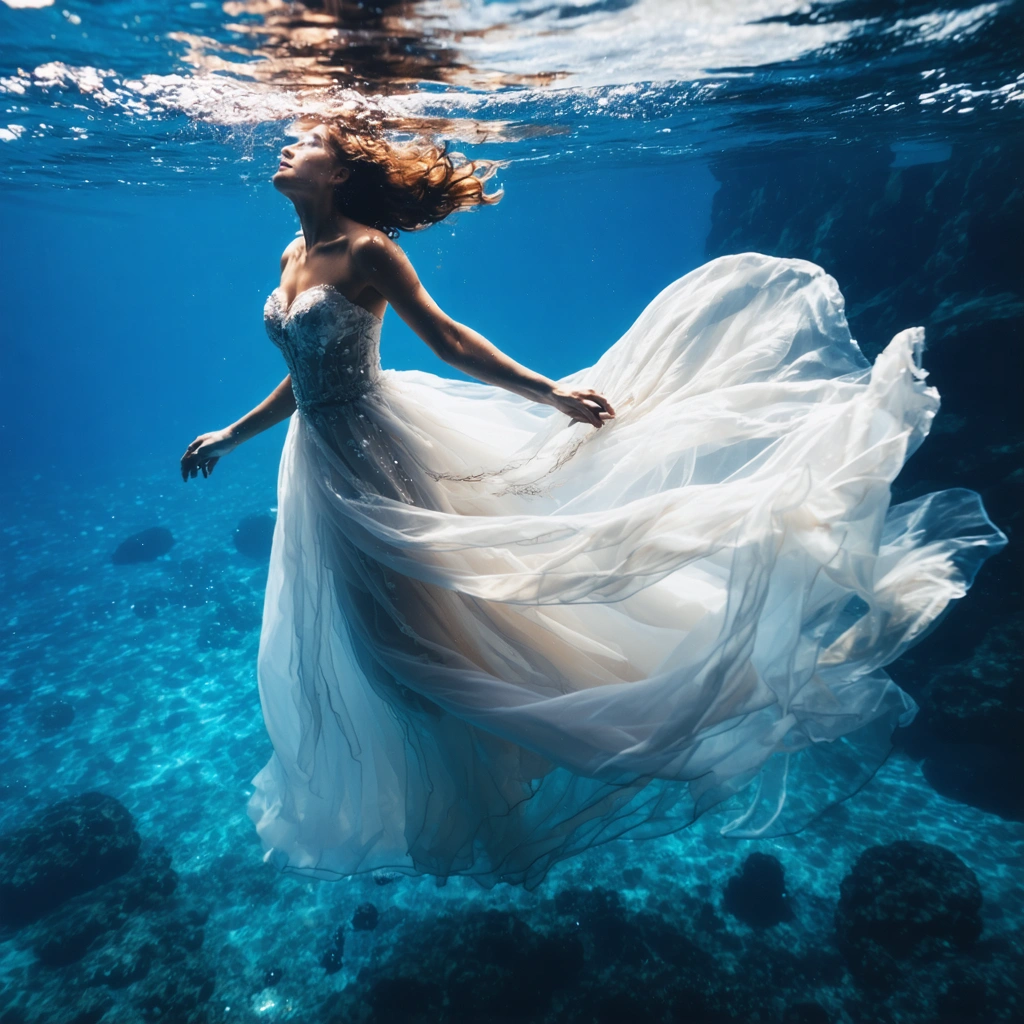 Une mariée en robe blanche flotte sous l'eau, sa robe légère ondulant autour d'elle dans une ambiance douce et onirique.