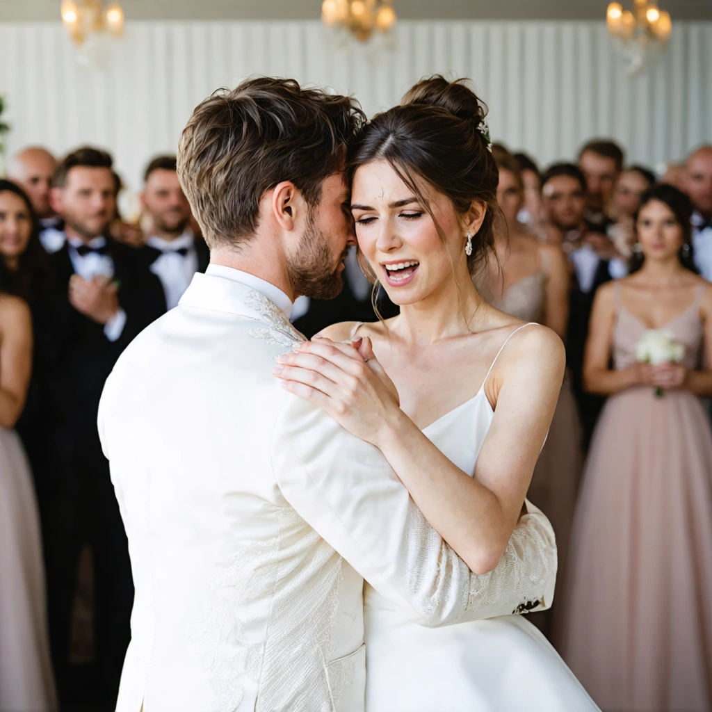Un couple de jeunes mariés danse sous le regard attentif des invités, semblant stressés et nerveux.