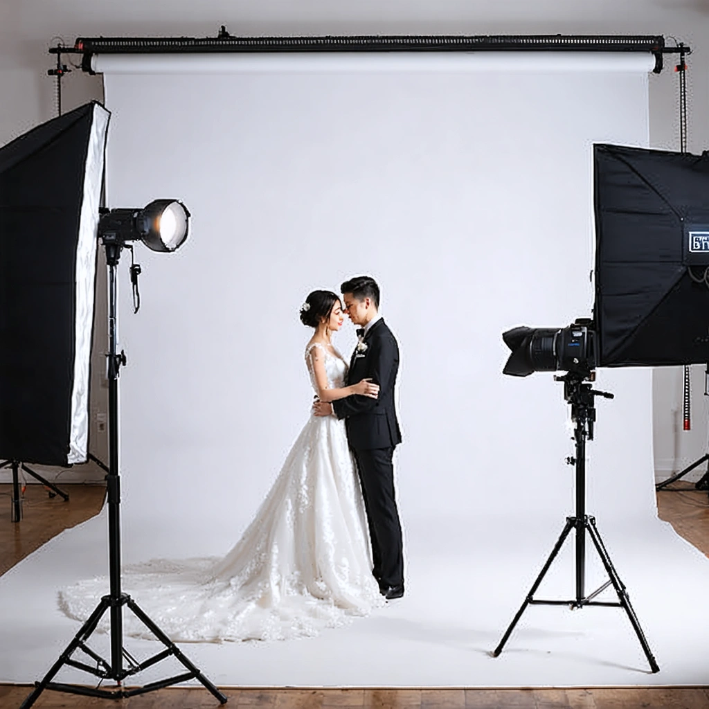 Un couple de mariés pose dans un studio photo avec un éclairage soigneusement maîtrisé, créant une ambiance élégante et intemporelle.