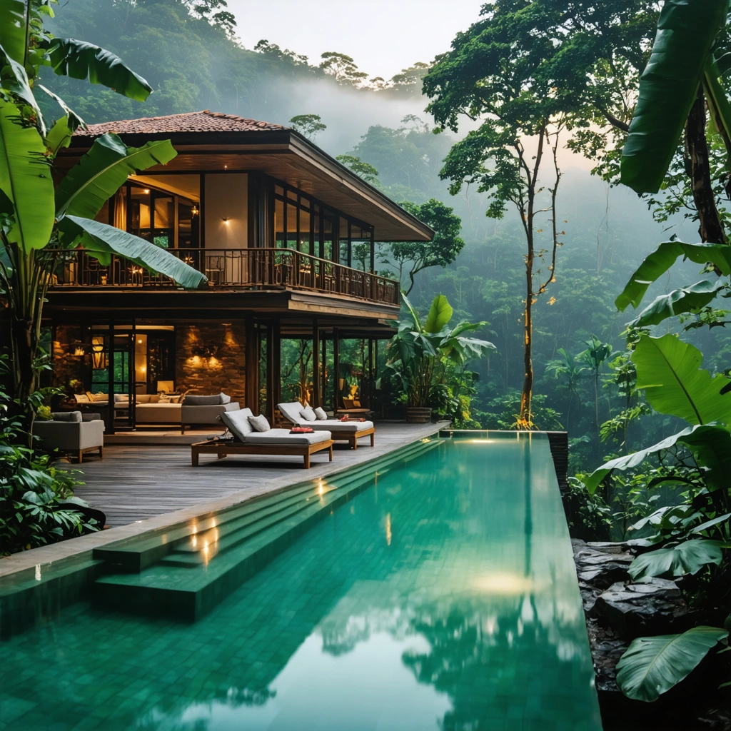 Villa luxueuse entourée de jungle tropicale avec une piscine à débordement privée, offrant une ambiance romantique et paisible.