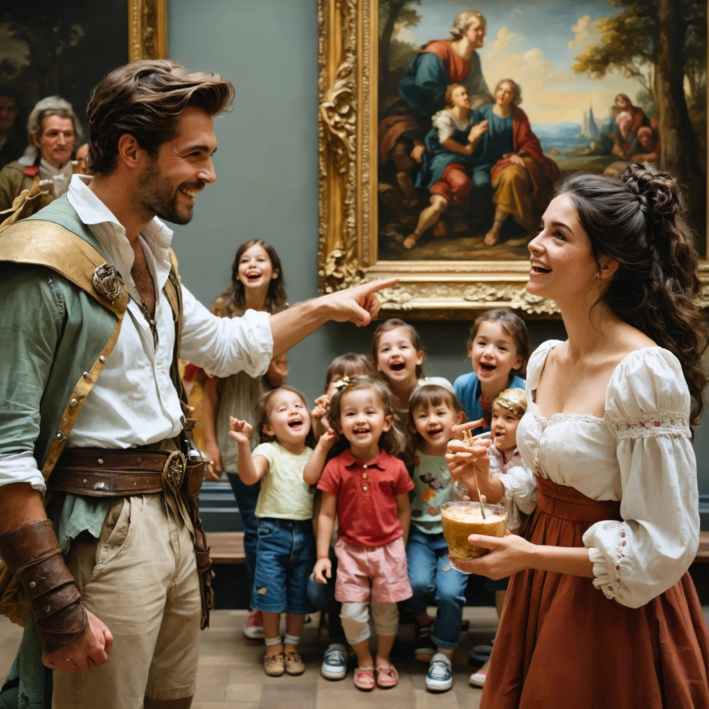 Scène animée d’une visite de musée avec un guide passionné expliquant une œuvre, des visiteurs participant à une chasse au trésor et un groupe imitant des statues devant un tableau, avec une pause gourmande à proximité.