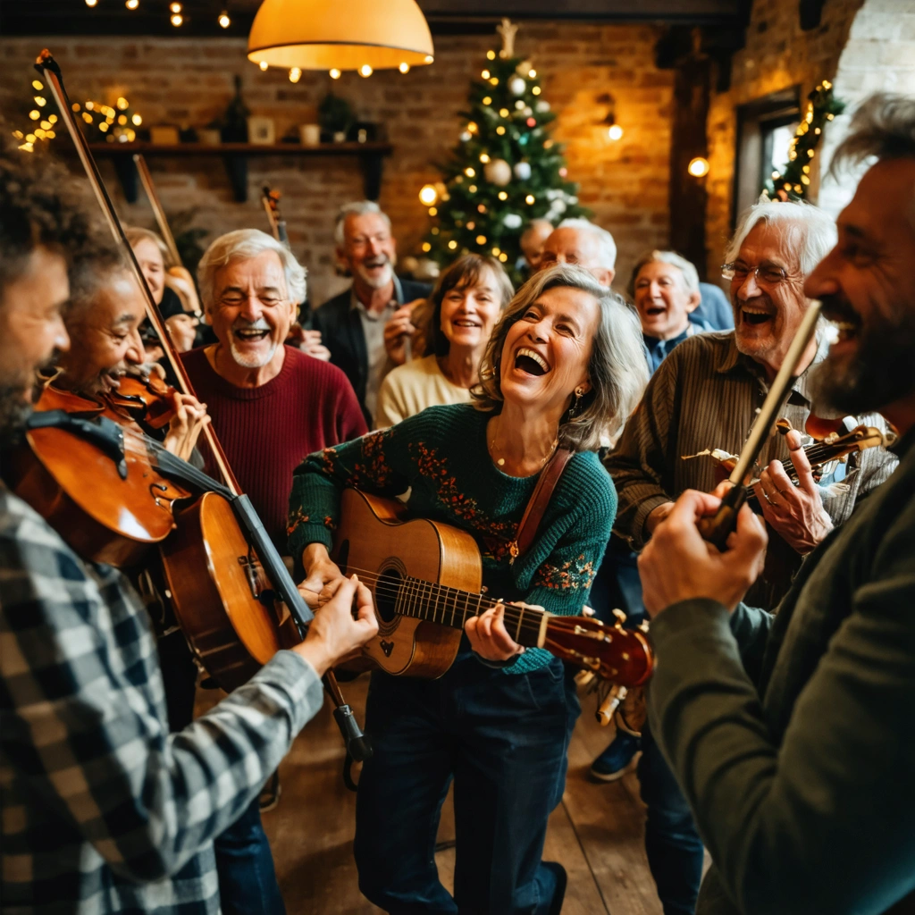 Des amis partagent un moment convivial autour de la musique, certains jouent d'instruments, d'autres chantent et dansent dans une ambiance chaleureuse.