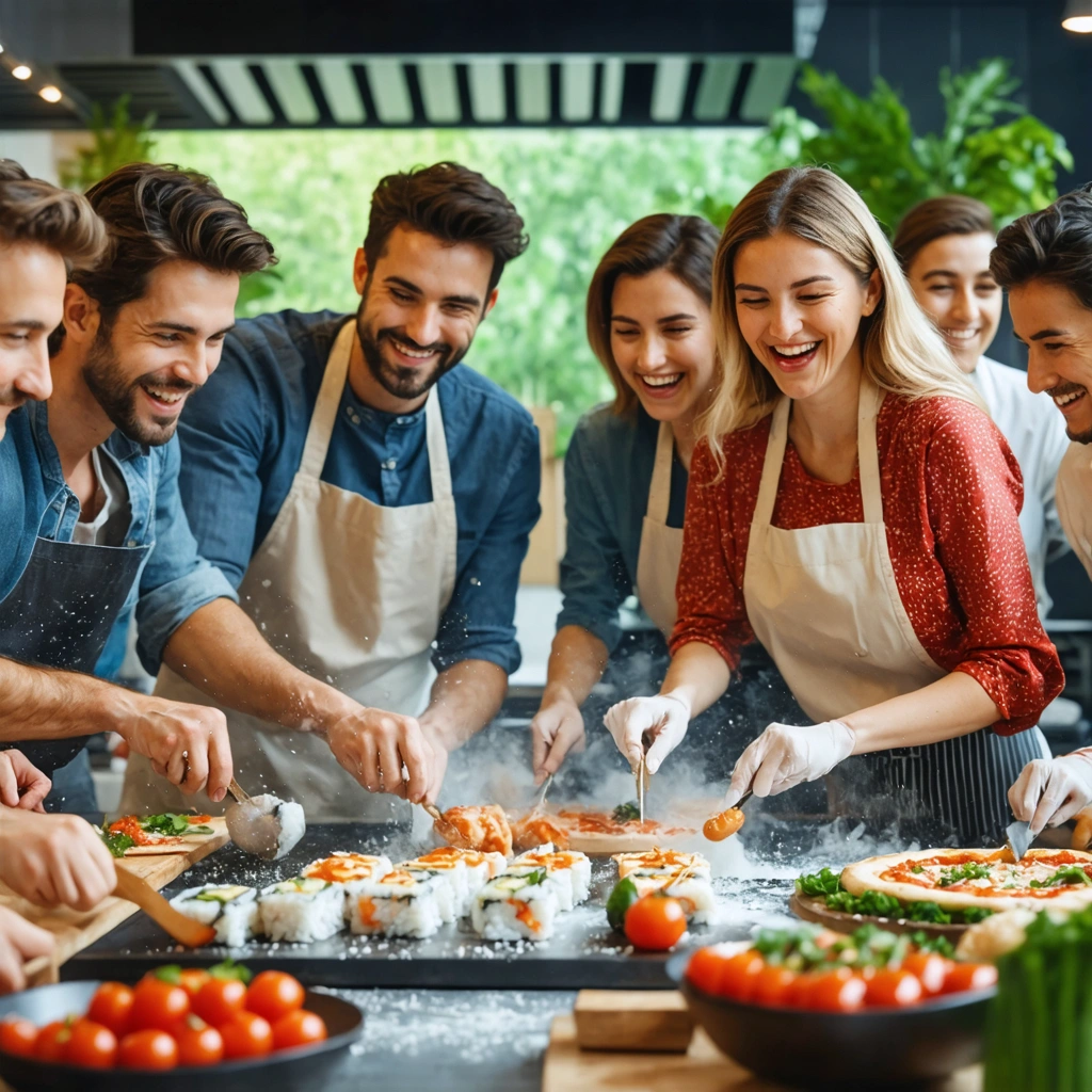 Des personnes de tous âges rient et cuisinent ensemble lors d'un atelier culinaire, avec différents stands comme des sushis à rouler et des pizzas à personnaliser, guidés par un chef professionnel dans une ambiance conviviale.
