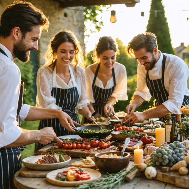 Atelier culinaire de mariage en extérieur avec invités préparant des plats ensemble dans une ambiance festive au coucher du soleil