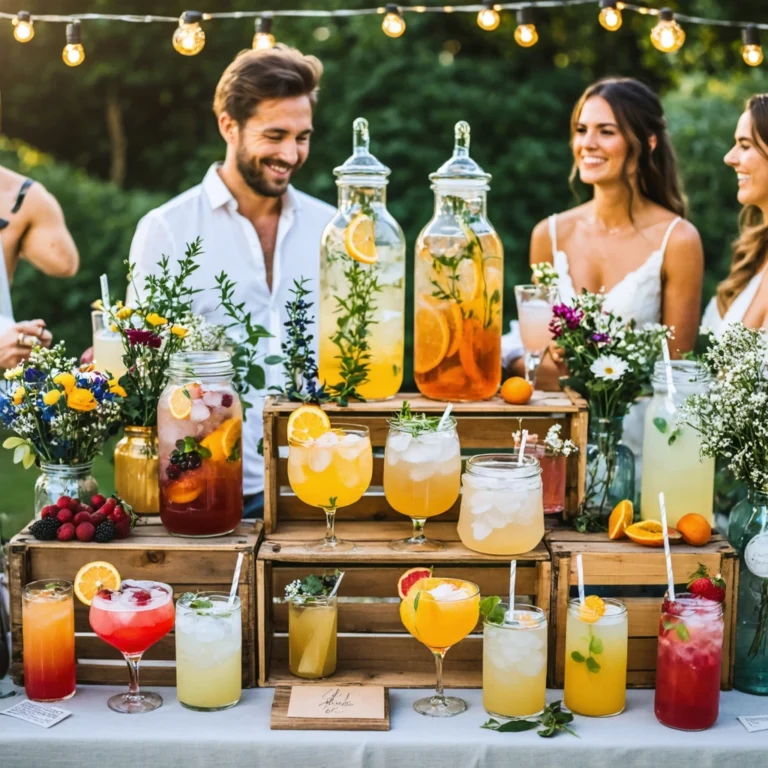 Bar à cocktails mariage en extérieur décoré, avec divers cocktails et invités servant des verres dans un cadre champêtre.
