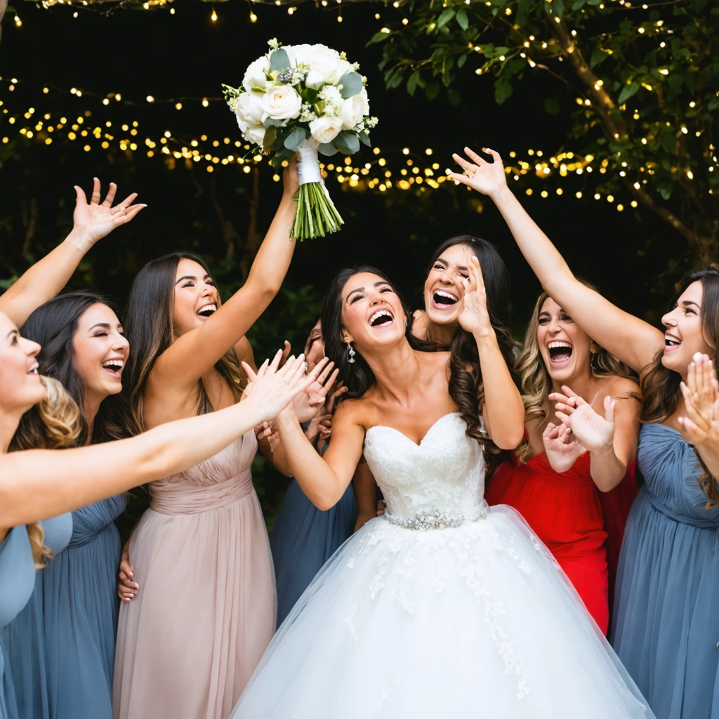 Groupe de femmes lors d'un mariage essayant d'attraper le bouquet de la mariée, certaines riant ou trébuchant, dans une ambiance festive et joyeuse.