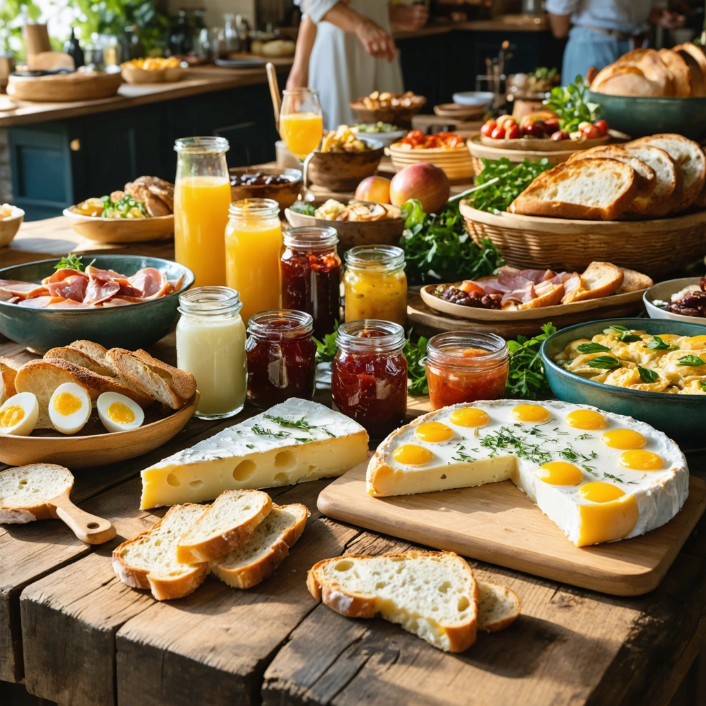 Buffet de brunch terroir avec fromages, charcuteries, œufs mimosa, pain de campagne et confitures, présenté sur une grande table en bois dans une ambiance conviviale.
