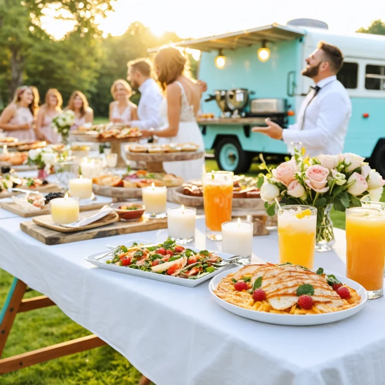Invités en tenue de mariage dégustant un brunch original en extérieur, entourés de food trucks et d'une ambiance festive dans un jardin.