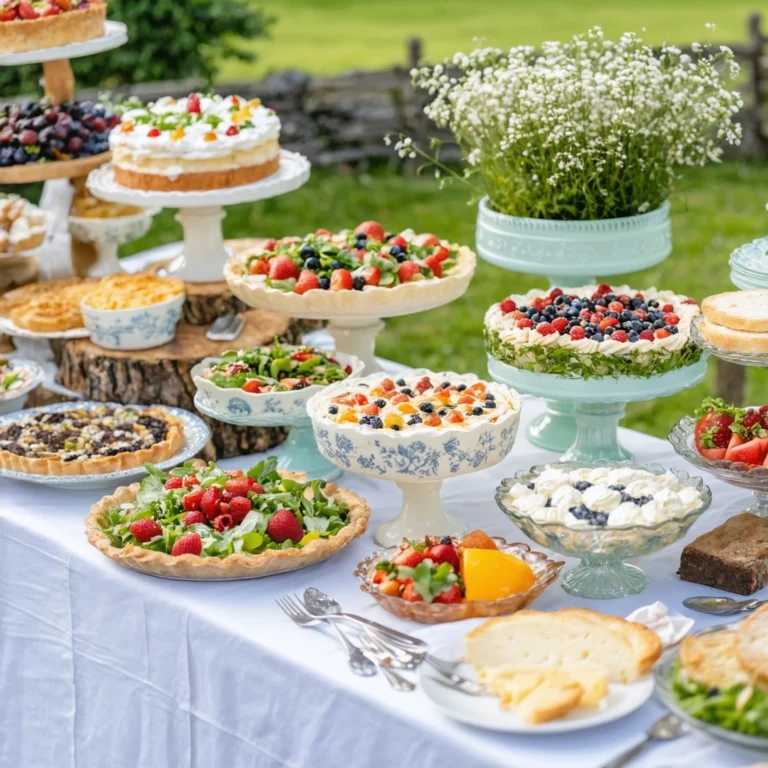 Buffet froid de mariage champêtre dressé en pleine nature avec plats variés, fromages, tartinades, salades fraîches et desserts sur une grande table décorée de fleurs.