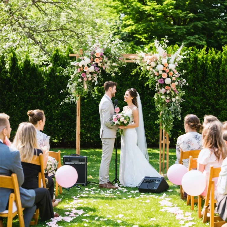 Une cérémonie laïque de mariage en plein air, sous une arche fleurie avec des chaises installées, une ambiance joyeuse et un couple sur le devant de la scène.