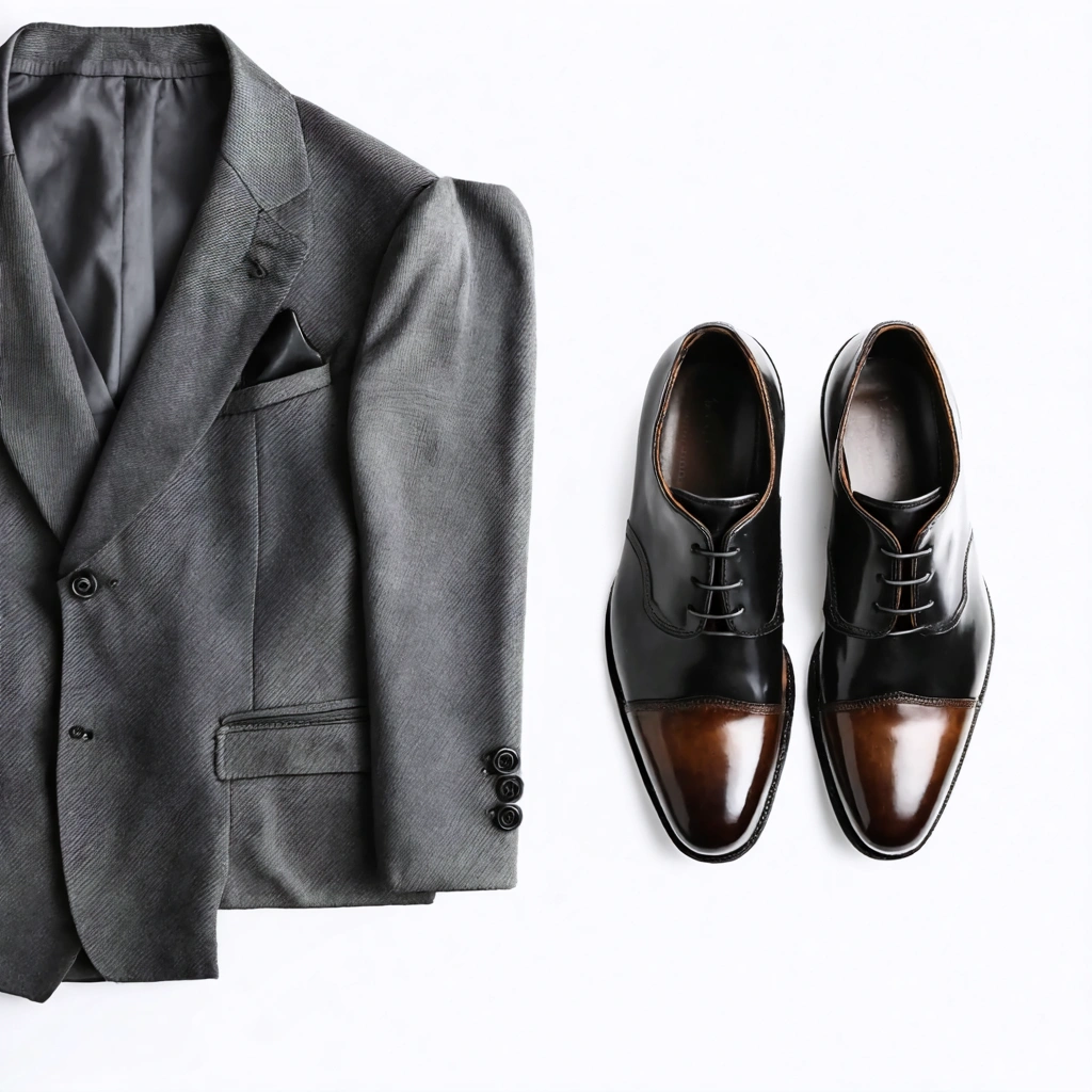 Deux paires de chaussures habillées, une noire et une brun foncé, assorties à des ceintures, posées près d'un costume gris anthracite sur un fond neutre, avec une apparence élégante et discrète.