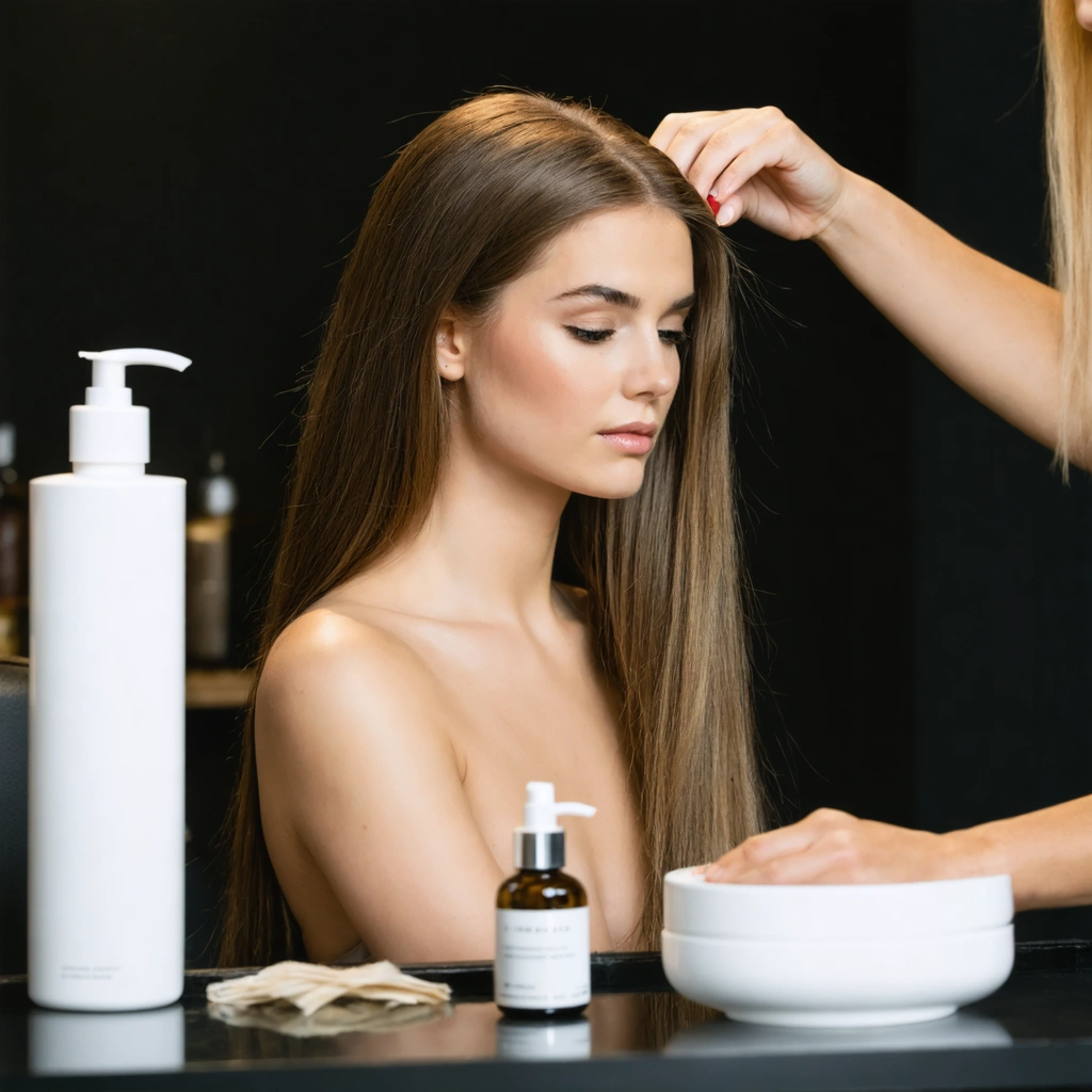 Une femme aux cheveux fins discute avec un coiffeur professionnel, entourés de produits capillaires, dans un salon lumineux, mettant en valeur l'importance d'adapter la coiffure à la texture des cheveux.